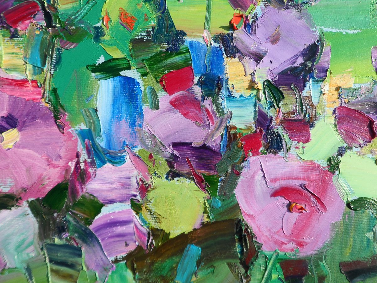 Impressionistic Botanical Oil Painting By Yehor Dulin, 20 X 28", «Mallows», Original Artwork
