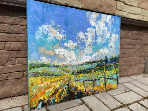 Fields - Yellow mood, 50*60 cm, impasto impressionistic landscape oil painting in yellow and blue colours