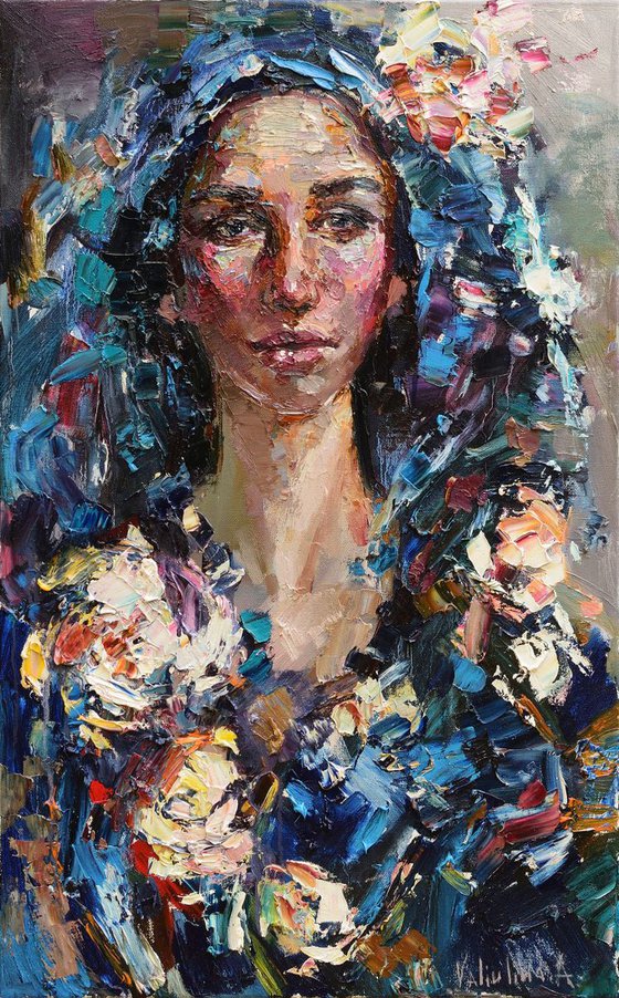 Russian girl in a headscarf Original abstract portrait painting on canvas 50 x 80 cm Palette knife