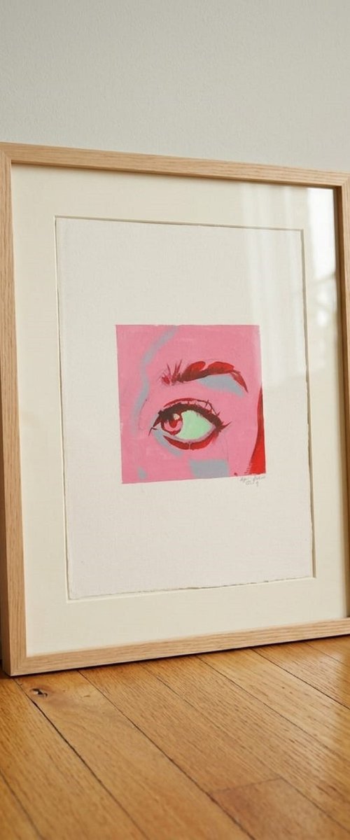 "Eye 1" on pink Pop art by Iryna Tymkul