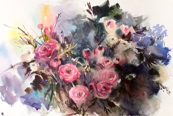 Roses and Other Flowers Watercolor Painting, Pink Floral Bouquet Watercolour Artwork