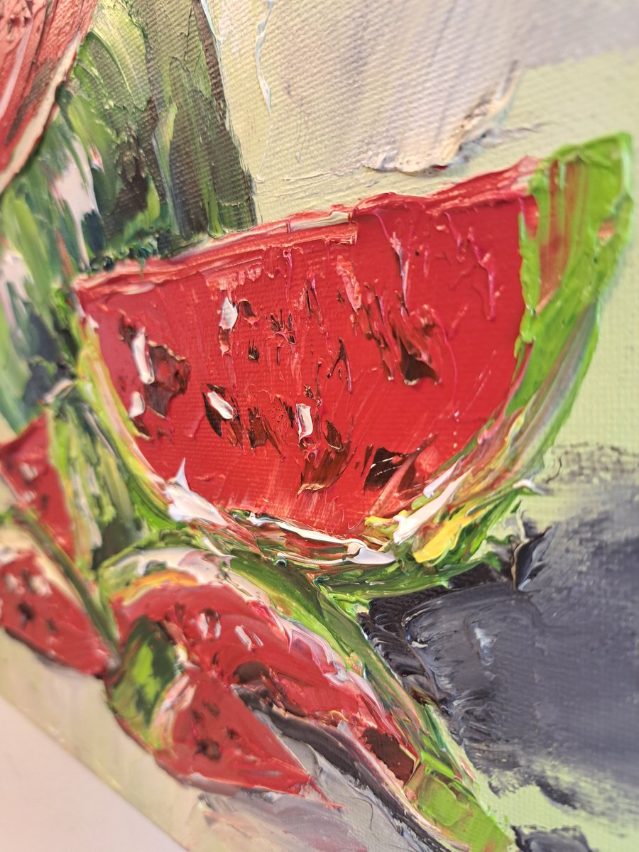 Impressionistic Botanical Oil Painting By Oksana Fedorova, 12 X 12", Watermelon Stilllife, Original Artwork