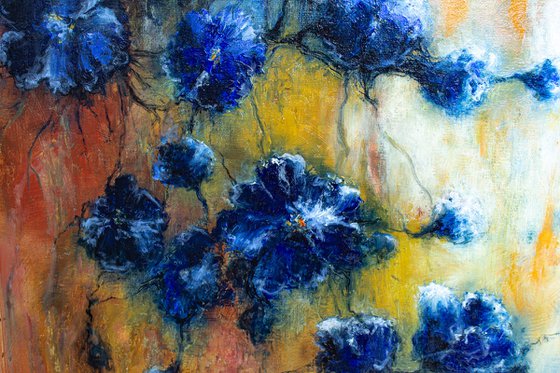 Framed floral impressionistic oil painting BLUE and GINGER