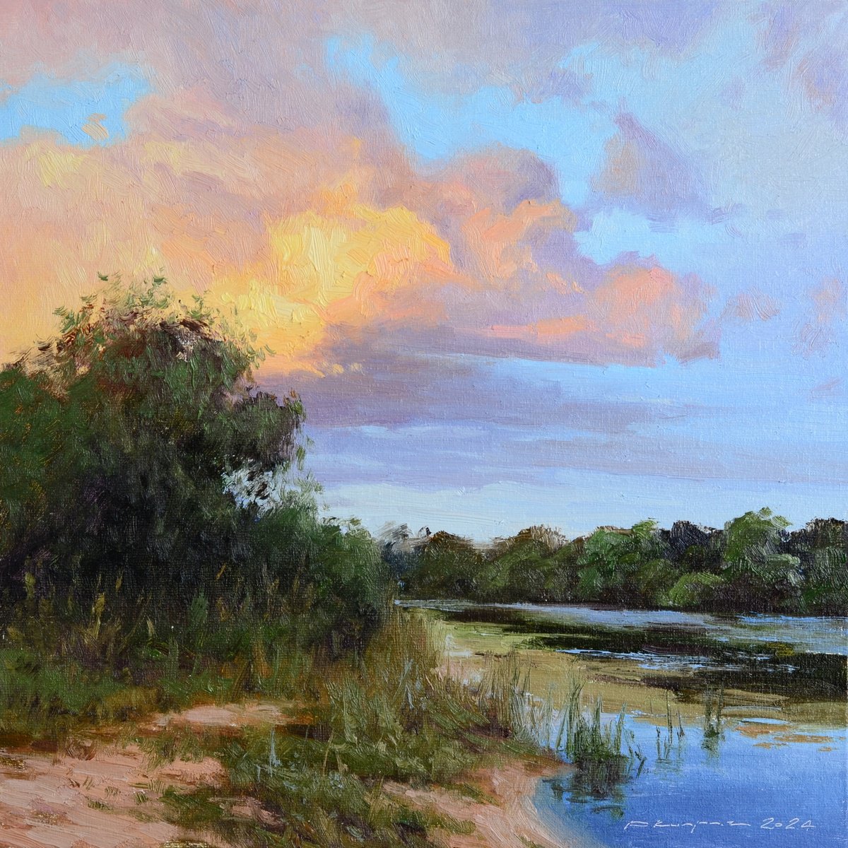 Impressionistic Landscape Oil Painting By Ruslan Kiprych, 12 X 12", Cloud In The Evening, Original Artwork