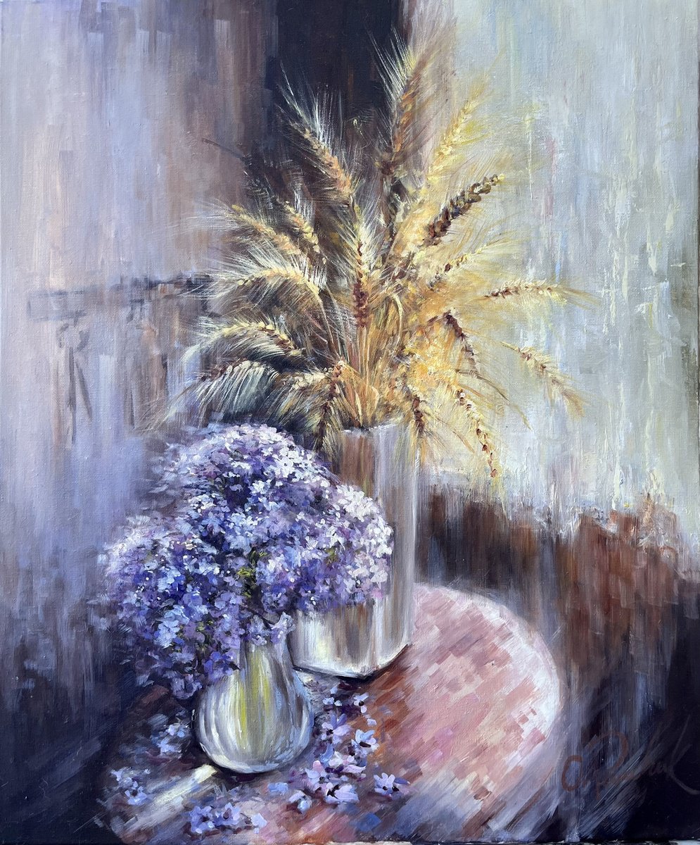 Impressionistic Still Life Oil Painting By Oleg Panchuk, 20 X 24", Harvest And Lavender, Original Artwork