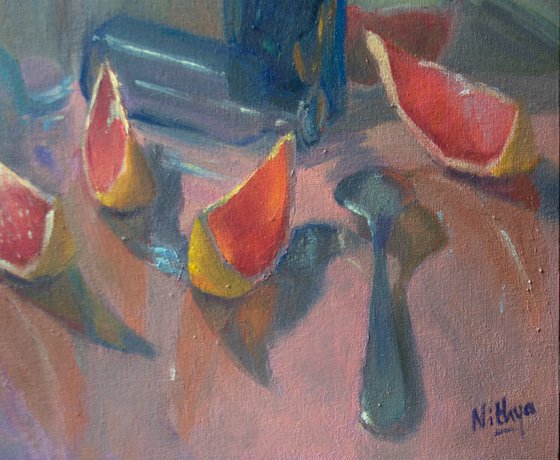 Grapefruit Reflections on Pink - Still Life Painting, One of a kind artwork, Home decor