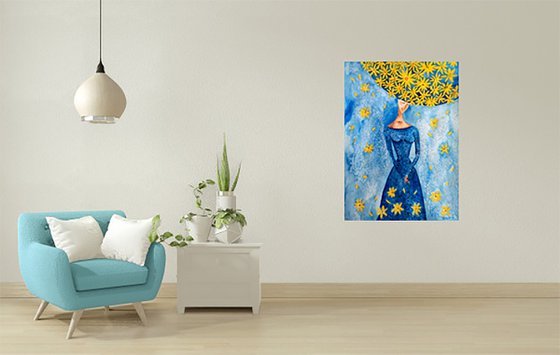 "Daisy" original watercolor painting woman and yellow flowers daisy classic blue dress