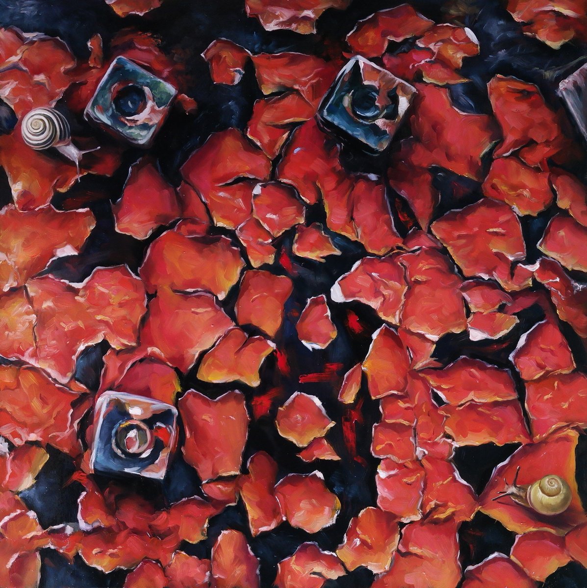 Surrealistic Animal Oil Painting By Lena Vylusk, 20 X 20", "Towards Each Other", Original Artwork