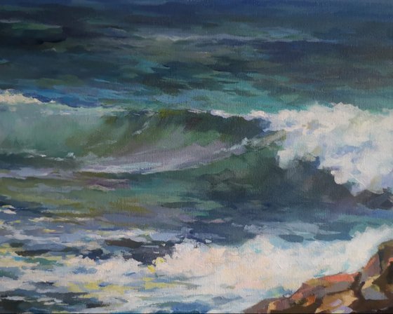 Sun on the ocean wave, original one of a kind acrylic on wide edges canvas seascape