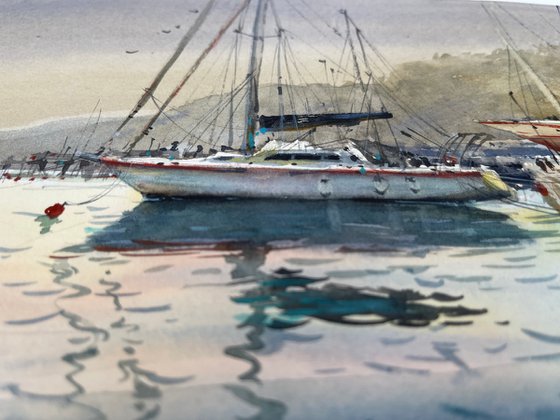 Yacht on the coast. Watercolor painting