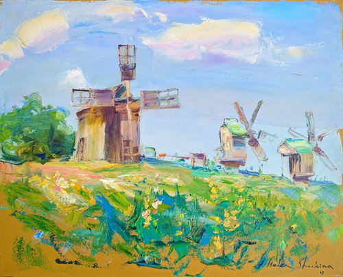 Mills in the tall grass . Summer day .  Original oil painting by Helen Shukina