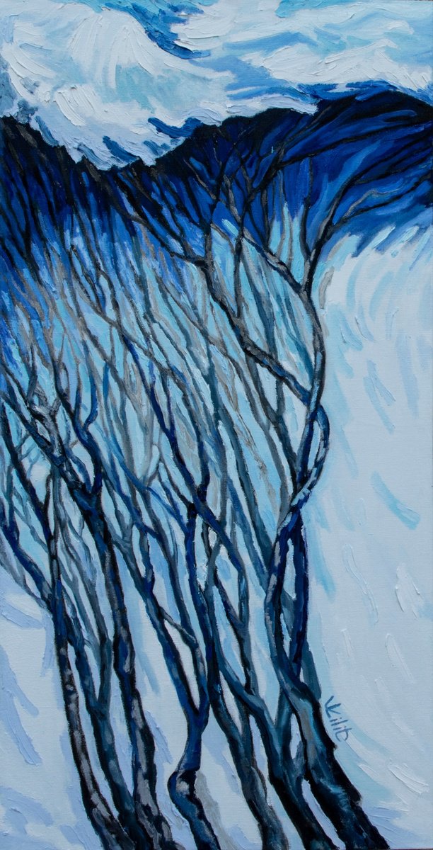 Impressionistic Landscape Oil Painting By Lilit Vardanyan, 18 X 35", Trees In Blue, Original Artwork
