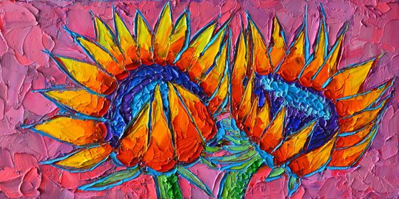 SUNFLOWERS LOVE - VIBRANT COLOURFUL FLORAL ART - palette knife oil painting