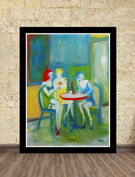 GIRLS FASHION MODELS, CAFE RESTAURANT, RED WINE. Original Female Figurative Oil Painting. Varnished.