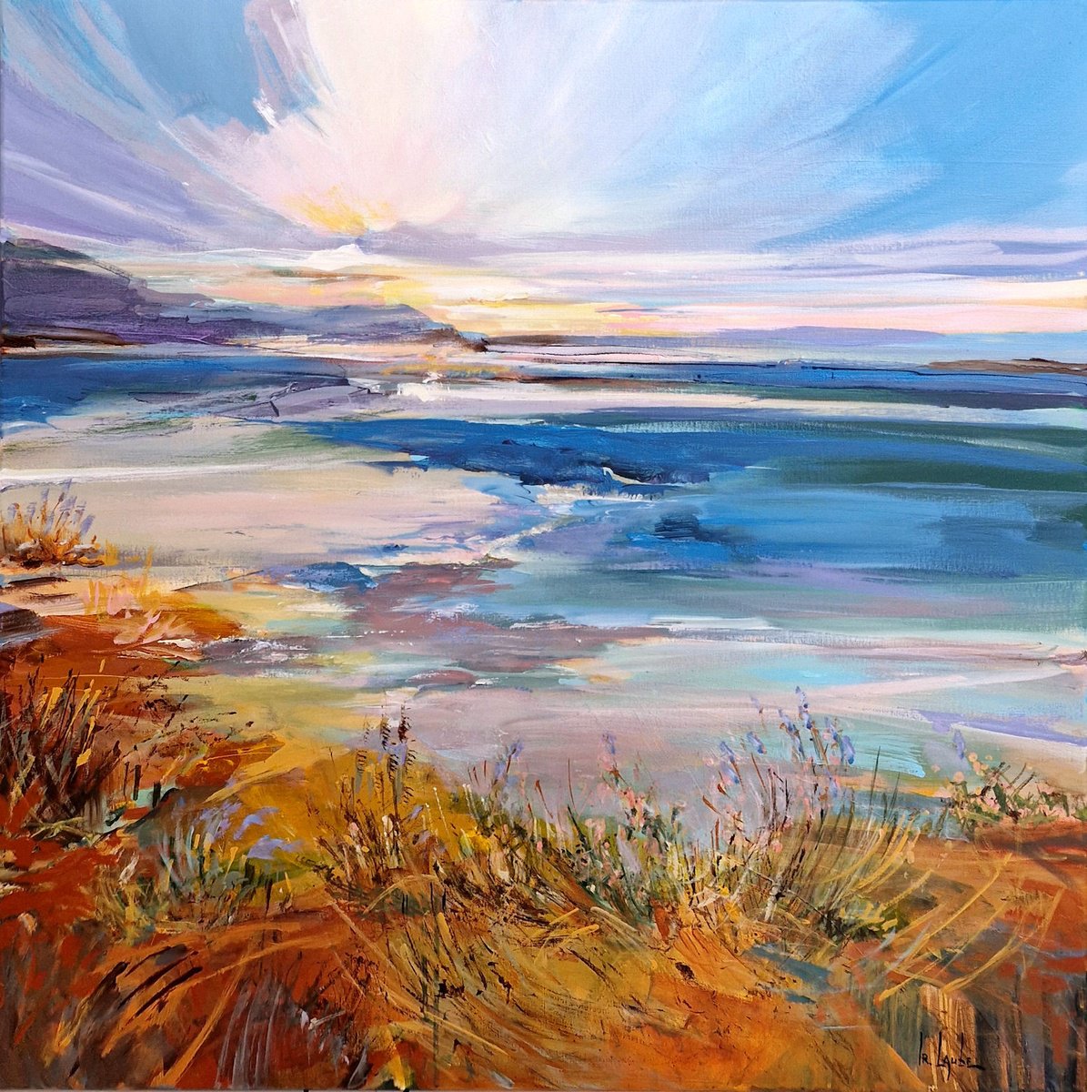 Impressionistic Landscape Acrylic Painting By Irina Laube, 31 X 31, Warm Evening, Original Artwork