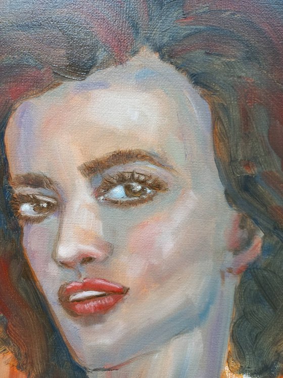 Moon. Woman oil portrait. Etude style. 38 x 27 cm/ 15 x 10.6 in