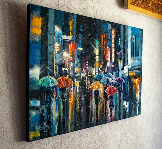 "Street of the night city" people with umbrella , original oil painting