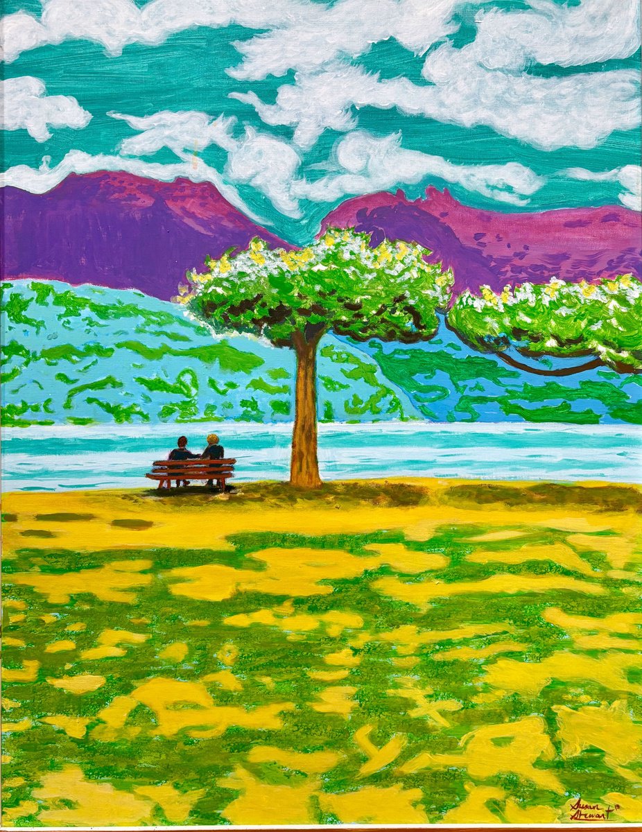 Expressive Landscape Acrylic Painting By Susan Stewart, 20 X 26", "Under The Platane Tree", Original Artwork