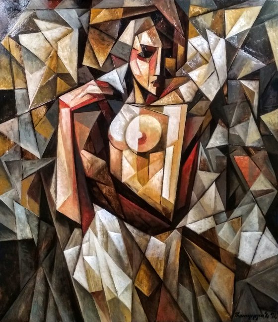 In front of the mirror (80x90cm, cubism, oil painting, ready to hang)