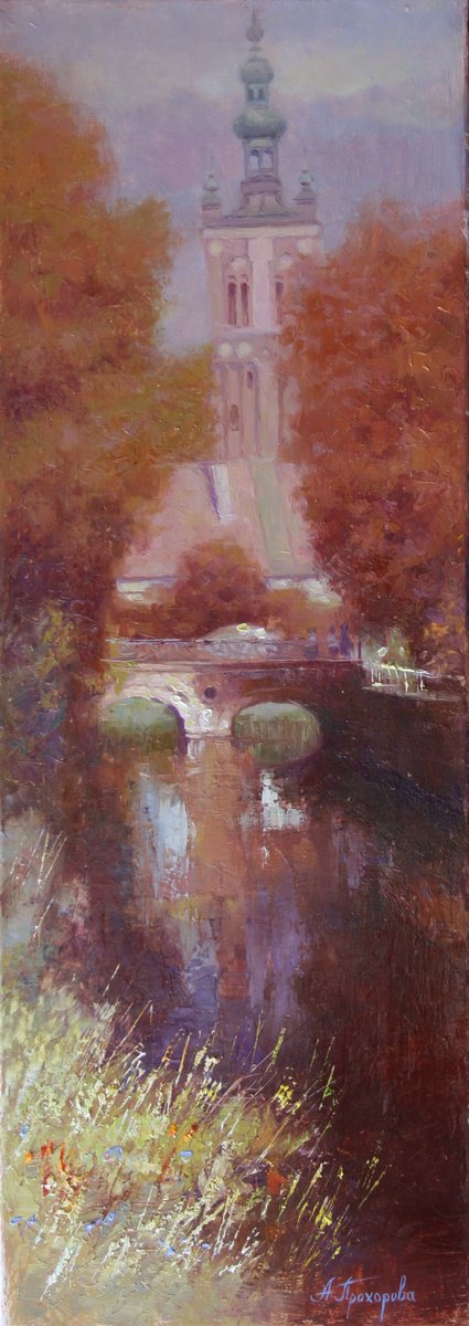 Impressionistic Cityscapes Oil Painting By Alexandr Dobrodiy, 10 X 28, Sunny Day (2024) ??????? - ???? ????????, Artfinder