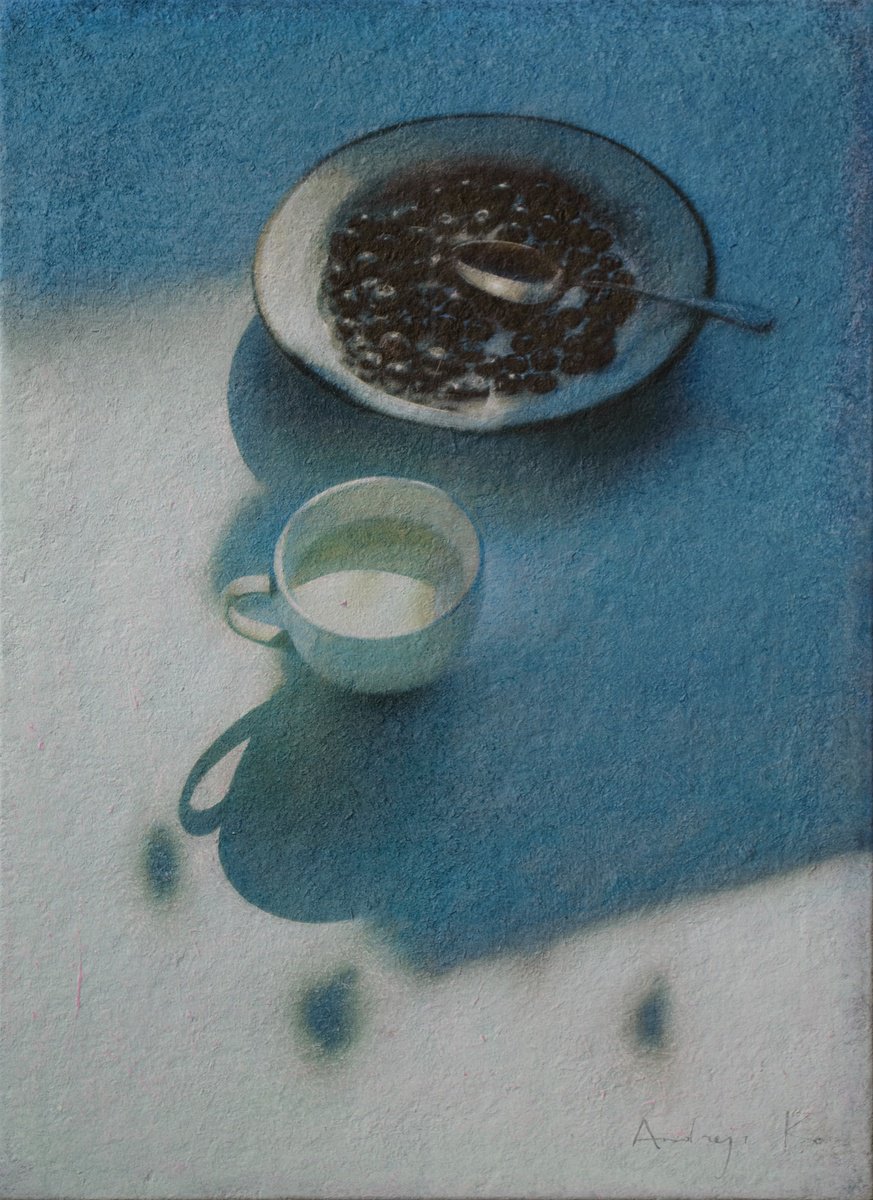 Photorealistic Still Life Acrylic Painting By Andrejs Ko, 16 X 22, A Mug Of Milk And Blueberries, Original Artwork