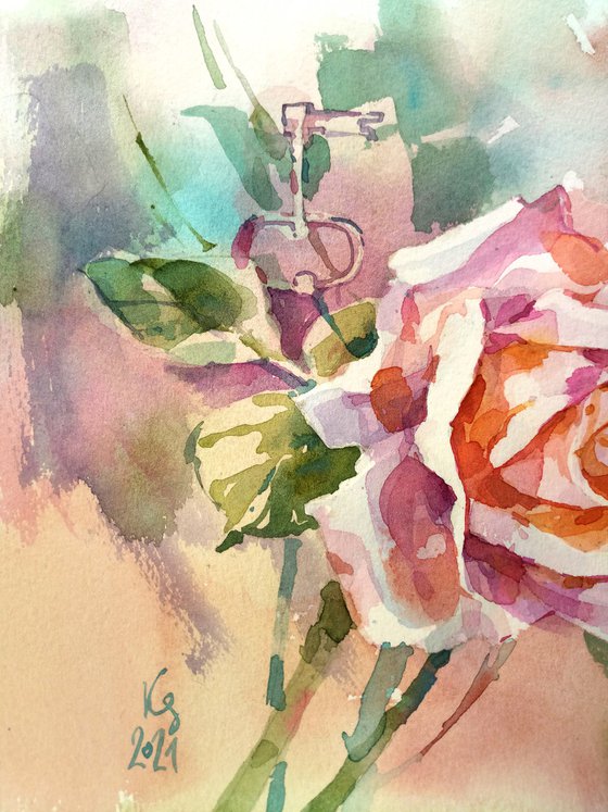 Original watercolor painting "Rose. The romance of the garden"