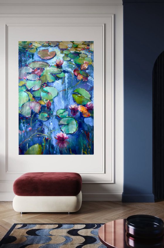 Water lilies on blue water