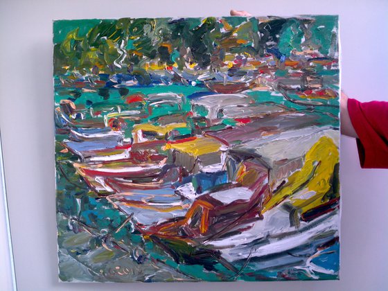 MARMARIS BOATS. TURKEY - Oil on canvas original painting, marina landscape, seascape, sea, boat  60x70