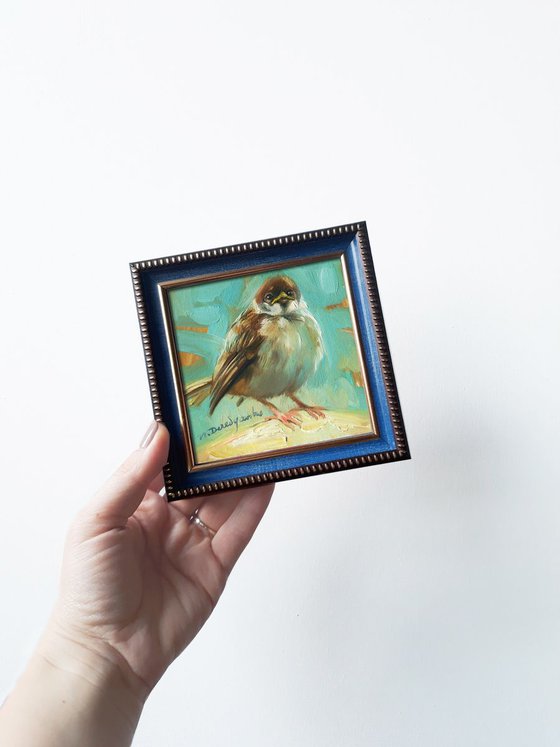 Sparrow bird small painting in blue frame