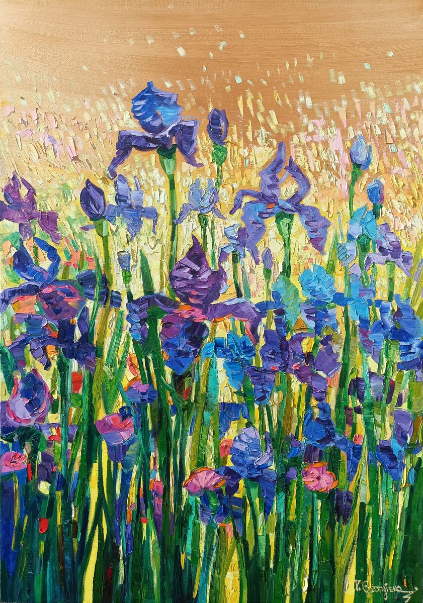 Impressionistic Botanical Painting By Vanya Georgieva, 28 X 39", Light On The Irises, Original Artwork