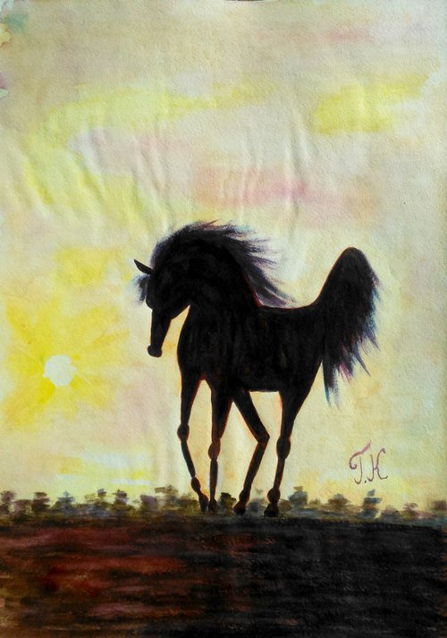 Horse Painting Animal Original Art Domestic Animal Watercolor Artwork Small Wall Art 12 by 17" by Halyna Kirichenko by Halyna Kirichenko