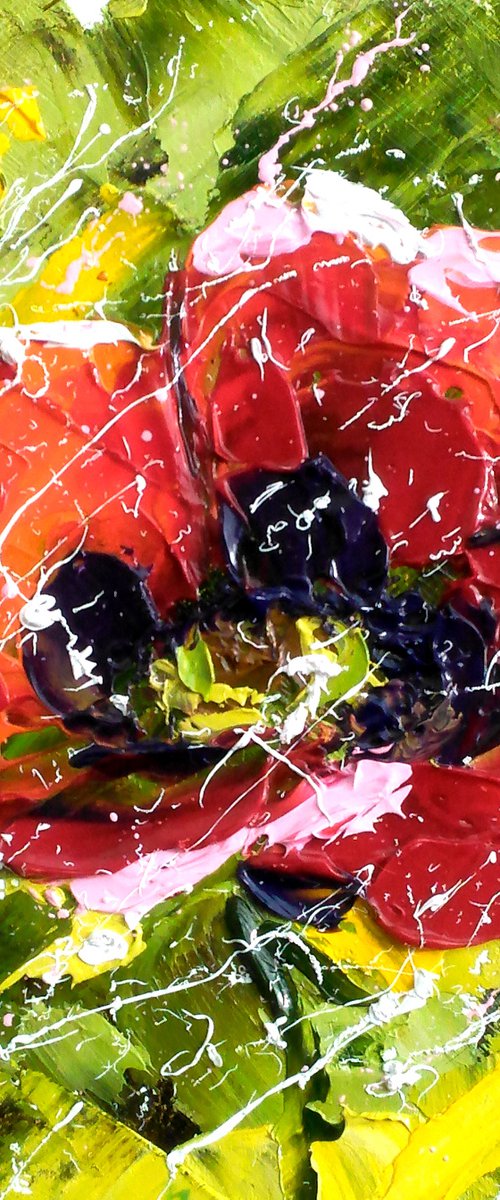 Poppy Painting Floral Original Art Abstract Red Flower Small Oil Impasto Pallete Knife Artwork Home Wall Art 6 by 6" by Halyna Kirichenko by Halyna Kirichenko