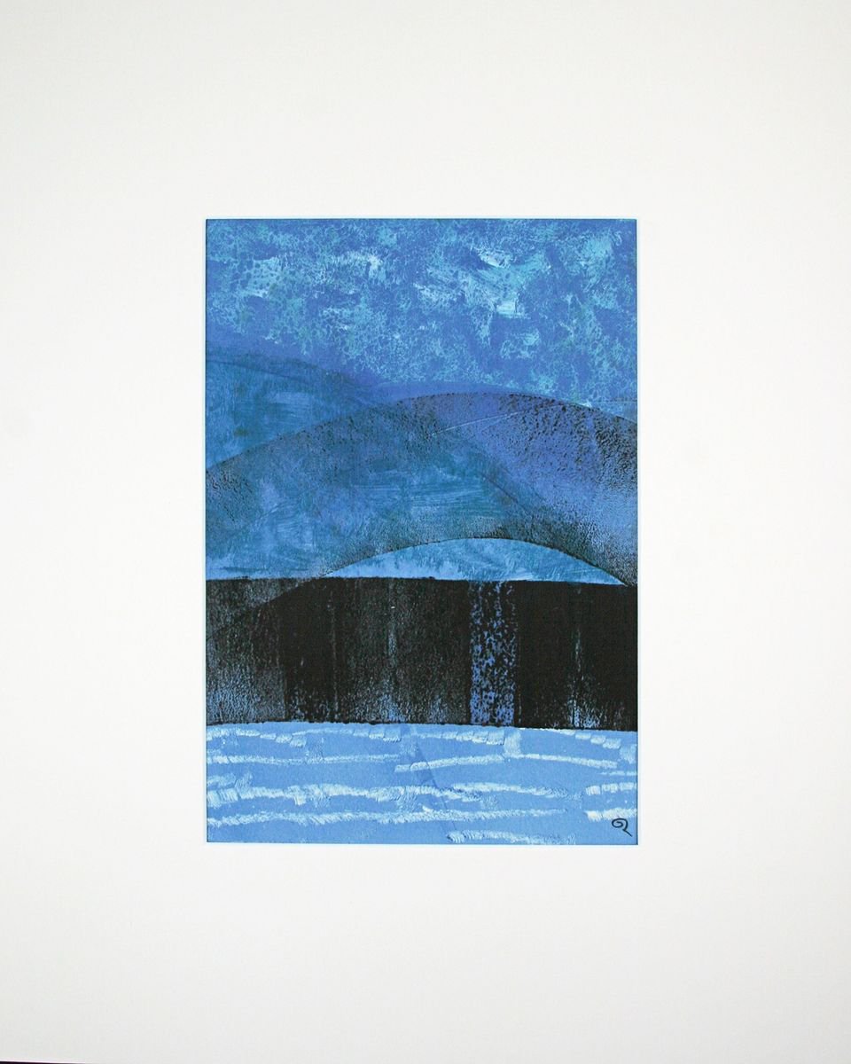 Blue on Blue - Mounted and Backed 50cm (20) x 40 cm (16) Original Signed Monotype by Dawn Rossiter
