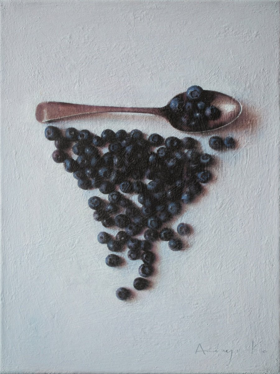 Impressionistic Still Life Acrylic Painting By Andrejs Ko, 12 X 16, Blueberries With The Spoon, Original Artwork