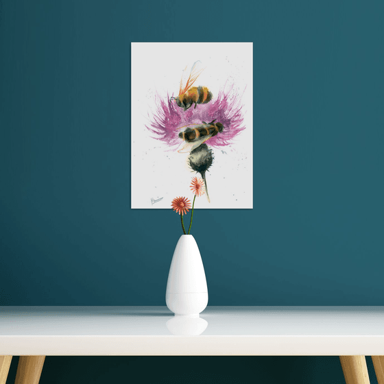 Bees and Thistle  -  Original Watercolor Painting