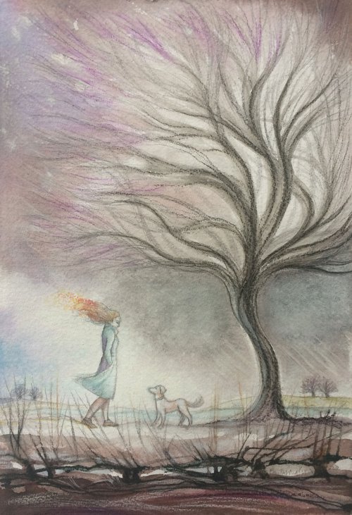 Winter Walkies ~ Woman, Dog and Tree by Phyllis Mahon