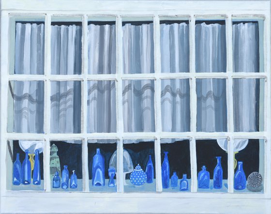Blue bottles at the window