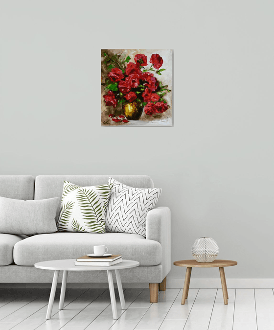 BOUQUET OF RED ROSES  palette knife still life  flowers Dutch style  office home decor gift