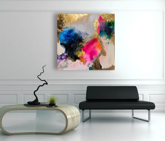 large colorful abstract with gold leaf vibrant  painting rainbow abstract