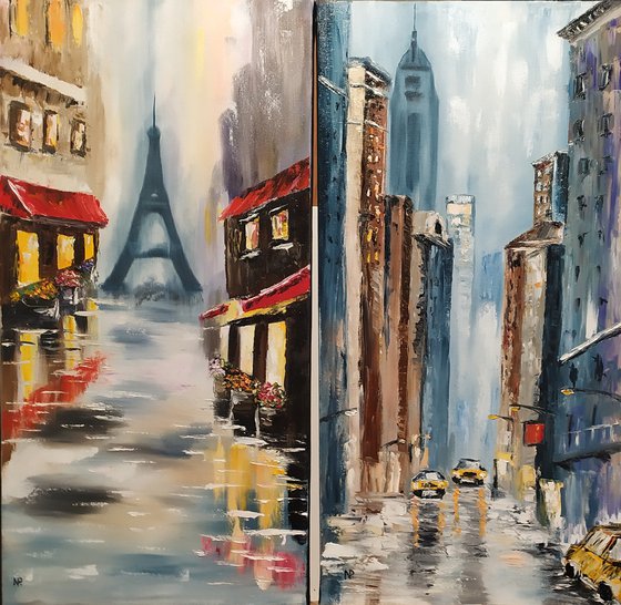 Paris and New  York, original cities oil painting, Comission for Paul