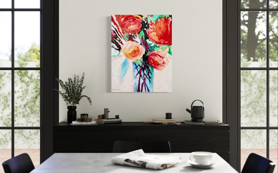 SMELLS LIKE PEONIES SPIRIT - 40 X 50 CM - FLORAL PAINTING ON CANVAS * RED *WHITE *GREEN