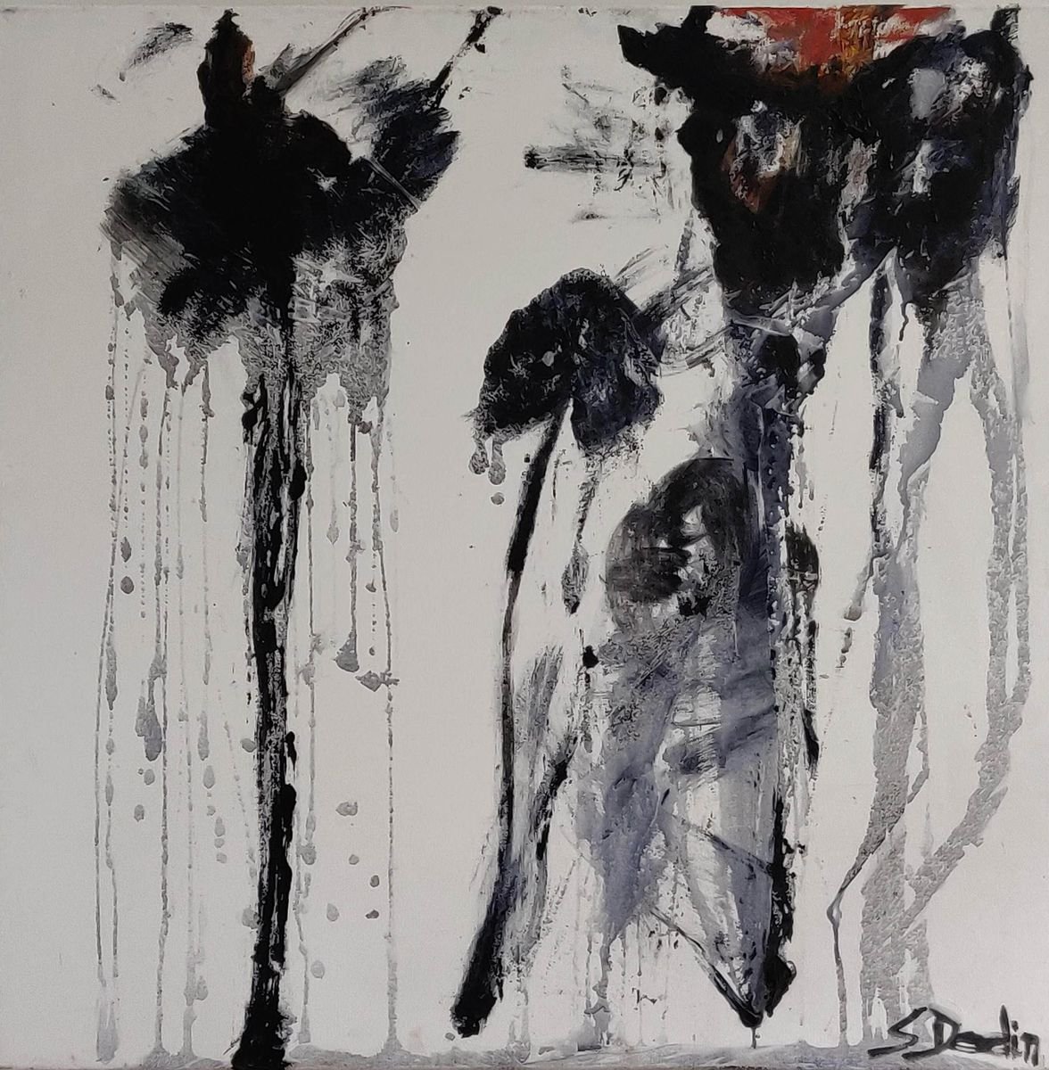 Black & white Abstract acrylic & Ink   100x100 by Sylvie Dodin
