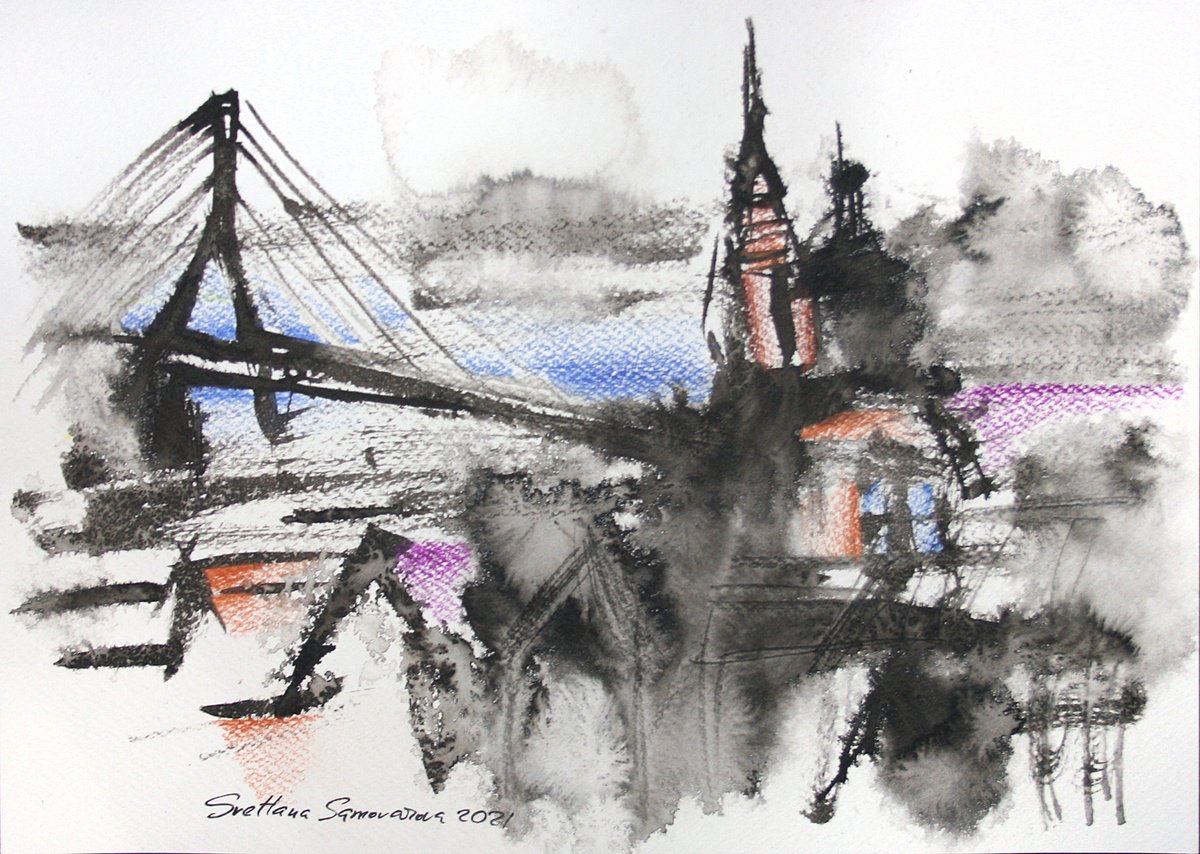 Abstract Cityscapes Ink Drawing By Salana Art / Svetlana Samovarova, 12 X 8", Abstract Landscape Ii, Original Artwork