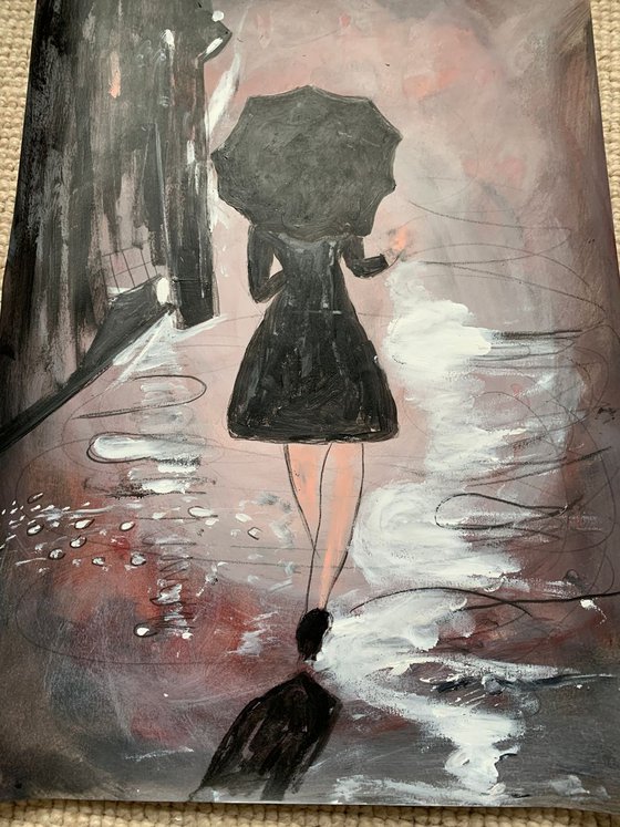 Painting of Woman / Walking in Rain / Portrait / Original Artwork / Rain Painting / Gifts For Him / Home Decor Wall Art 11.7"x16.5"