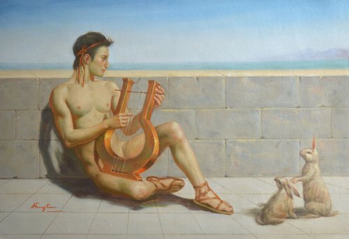 OIL PAINTING ART MALE NUDE  MEN AND RABBITS#11-10-011 by Hongtao Huang