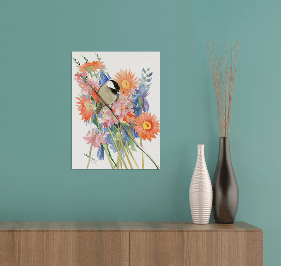 Chickadee and Flowers