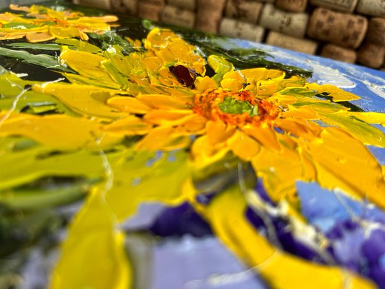 Sunflower Painting Floral Original Art Flower Small Oil Impasto Palette Knife Artwork 8 by 10 inches