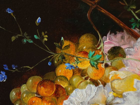 Roses and Grapes on Dark Background