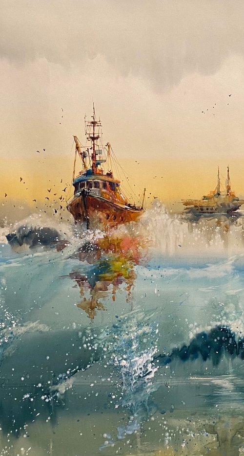 Sold Watercolor "Old boat IV” gift For Him by Iulia Carchelan