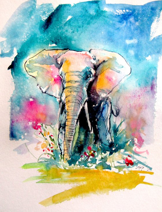 Colorful elephant with flowers